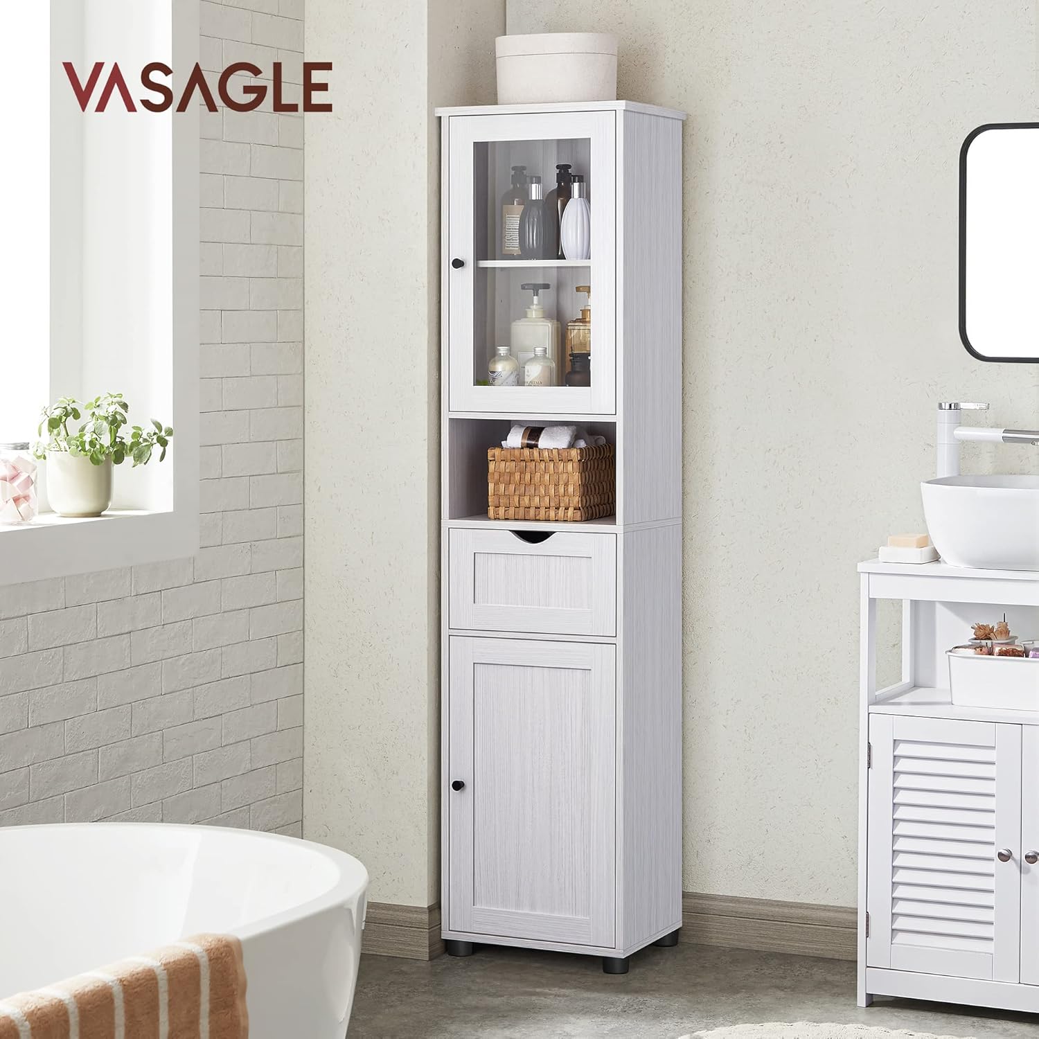 VASAGLE Dulap baie inalt cu usa din sticla si raft deschis, 30x40x165 cm, alb