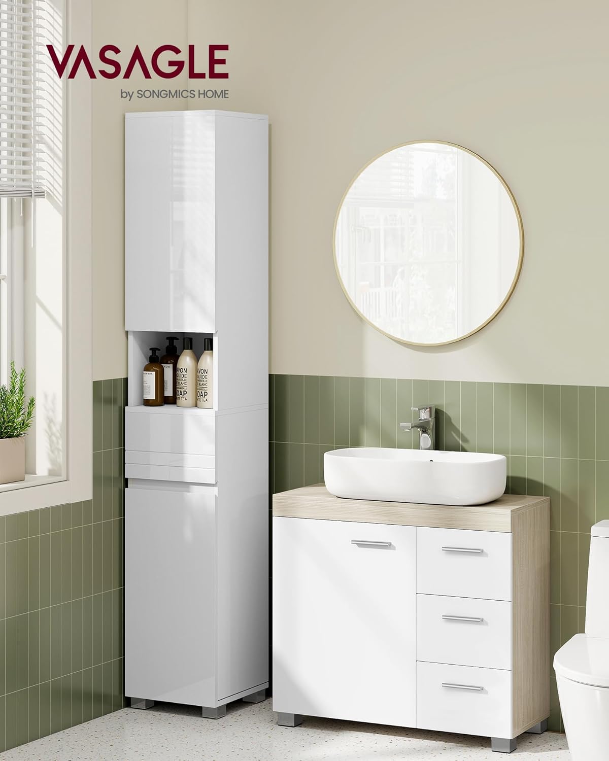 VASAGLE Dulap lavoar baie cu 3 sertare si 2 compartimente, MDF, 30x70x64 cm, alb si bej