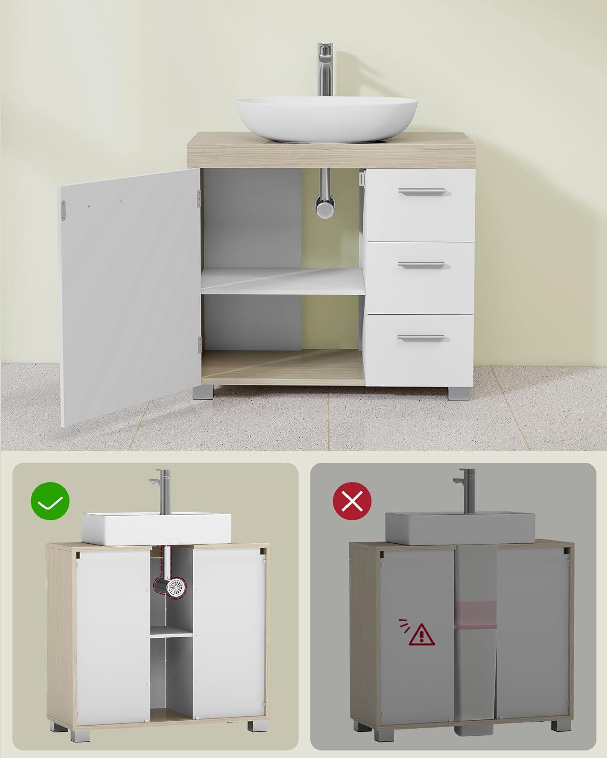 VASAGLE Dulap lavoar baie cu 3 sertare si 2 compartimente, MDF, 30x70x64 cm, alb si bej