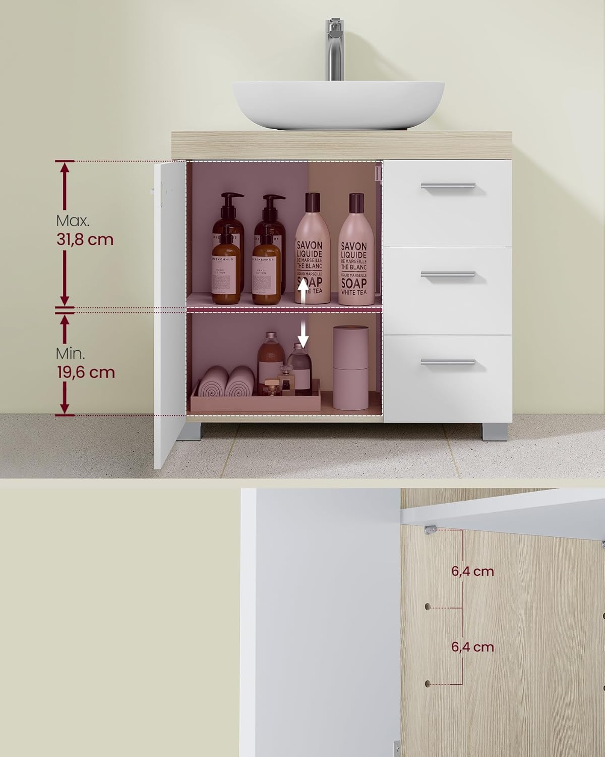 VASAGLE Dulap lavoar baie cu 3 sertare si 2 compartimente, MDF, 30x70x64 cm, alb si bej