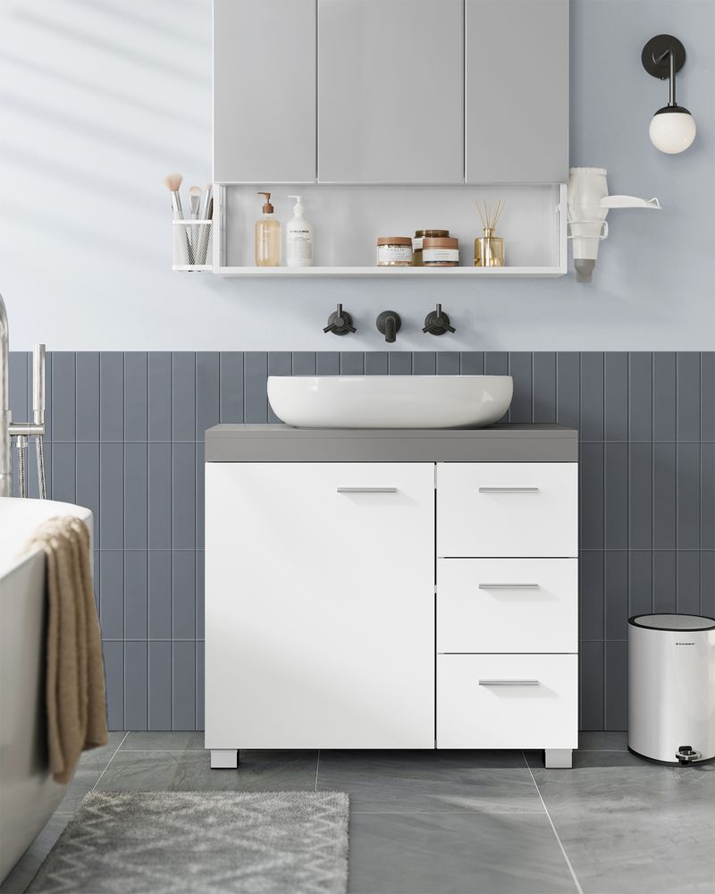 VASAGLE Dulap baie lavoar, cu 3 sertare si 2 compartimente, MDF, 70x30x64 cm, alb si gri