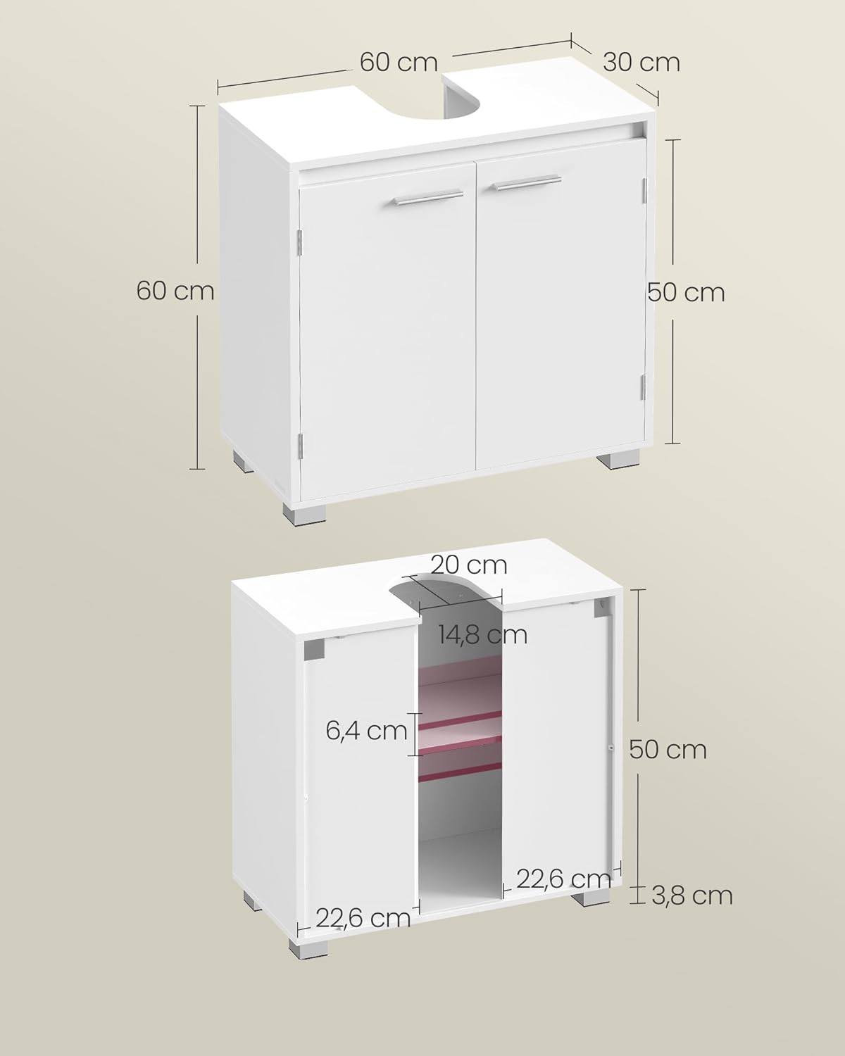 VASAGLE Dulap baie pentru suport lavoar, MDF, 2 compartimente, raft interior reglabil, 30x60x60 cm, alb