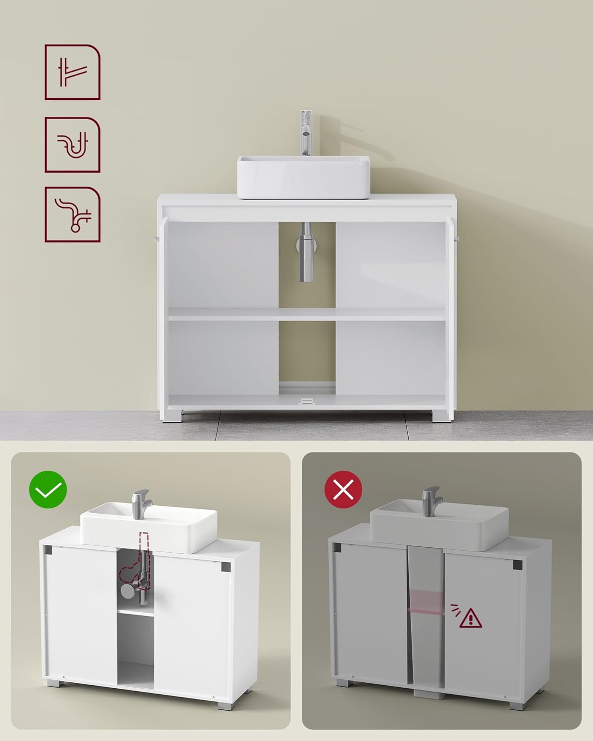 VASAGLE Dulap baie pentru suport lavoar, MDF, 2 compartimente, raft interior reglabil, 30x60x60 cm, alb