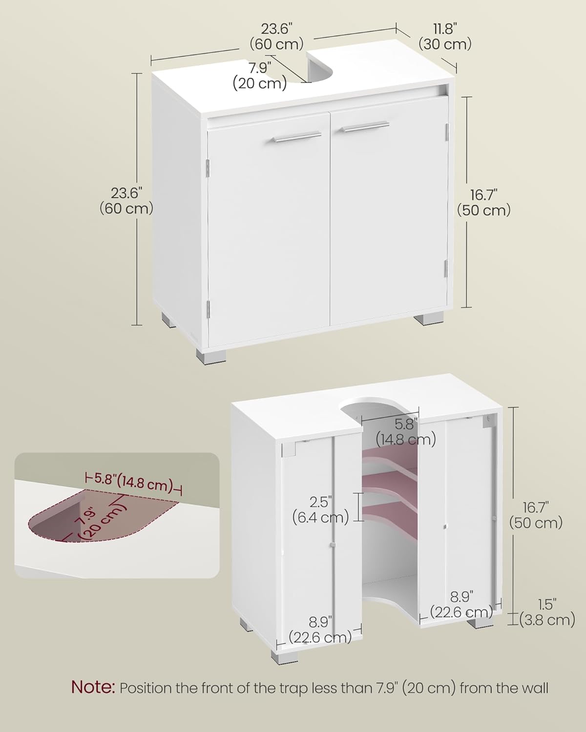 VASAGLE Masca chiuveta baie, lavoar cu 2 usi si raft interior reglabil, MDF si PAL, 60x30x60 cm, alb