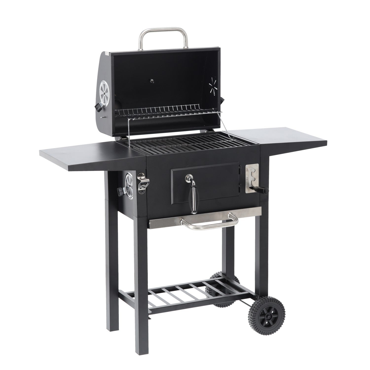 Gratar carbuni cu capac, manevrabil pe roti, termometru integrat, grill fonta, 109x46x107 cm, negru