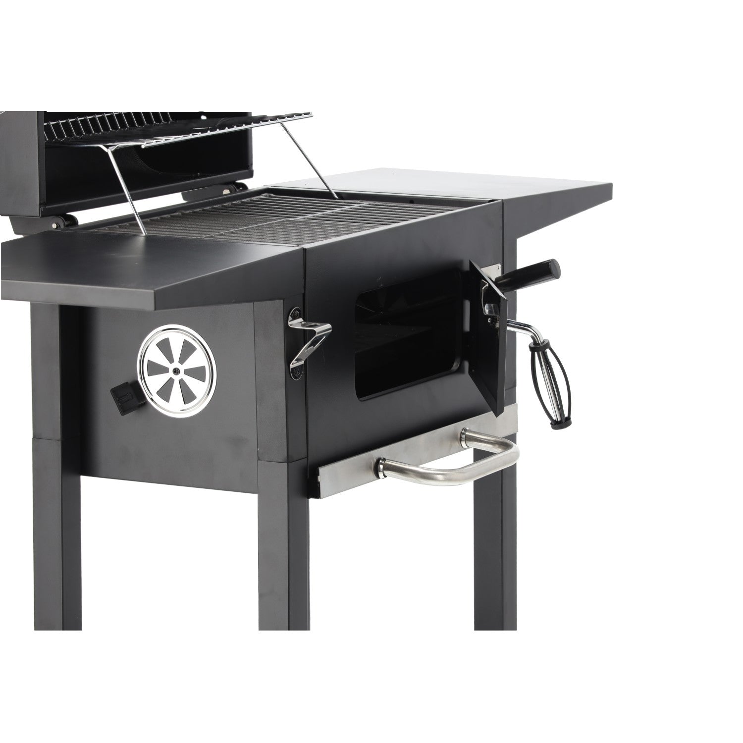 Gratar carbuni cu capac, manevrabil pe roti, termometru integrat, grill fonta, 109x46x107 cm, negru