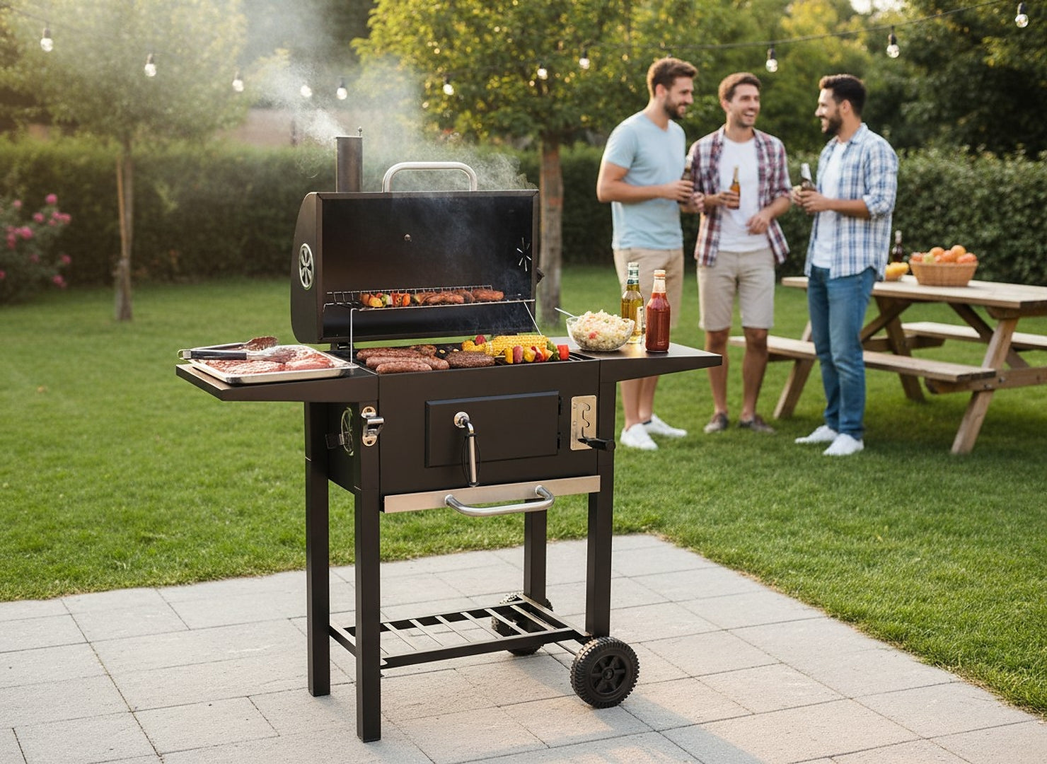 Gratar carbuni cu capac, manevrabil pe roti, termometru integrat, grill fonta, 109x46x107 cm, negru
