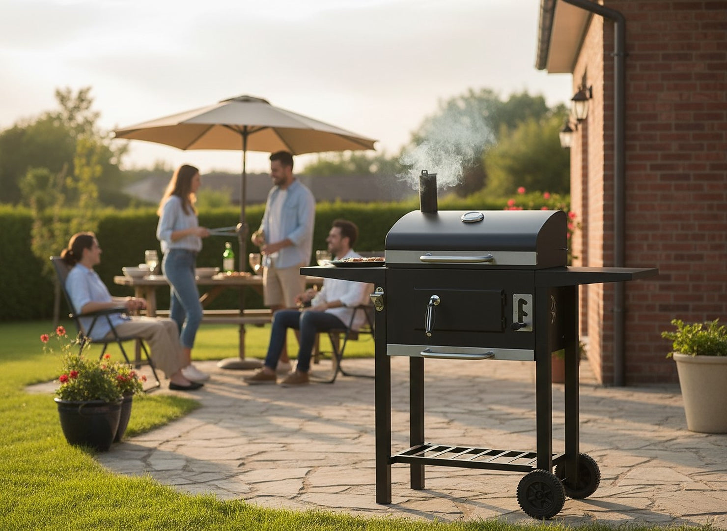 Gratar carbuni cu capac, manevrabil pe roti, termometru integrat, grill fonta, 109x46x107 cm, negru