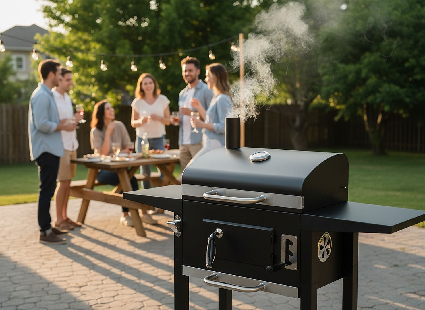 Gratar carbuni cu capac, manevrabil pe roti, termometru integrat, grill fonta, 109x46x107 cm, negru