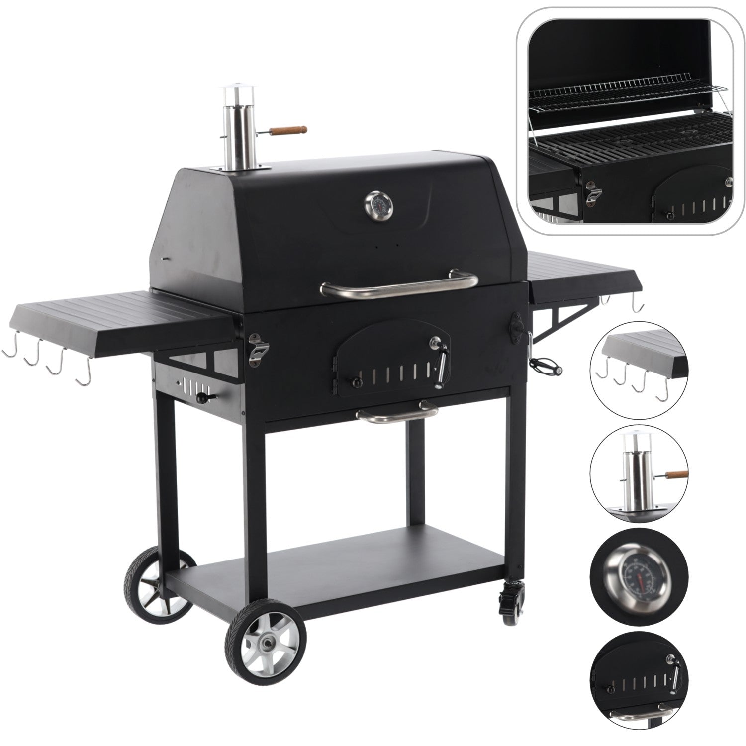 Gratar carbuni cu capac si termometru, grill fonta, rafturi laterale, roti pentru deplasare, 153x65x137 cm, negru