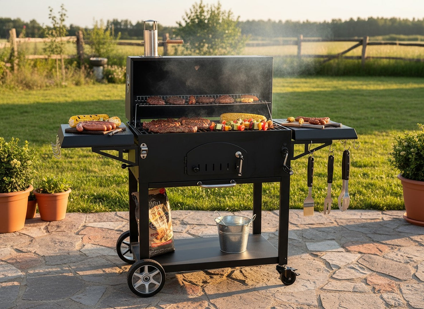 Gratar carbuni cu capac si termometru, grill fonta, rafturi laterale, roti pentru deplasare, 153x65x137 cm, negru
