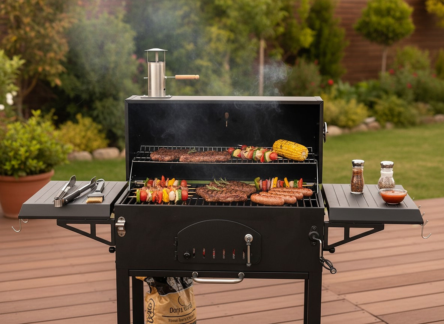 Gratar carbuni cu capac si termometru, grill fonta, rafturi laterale, roti pentru deplasare, 153x65x137 cm, negru