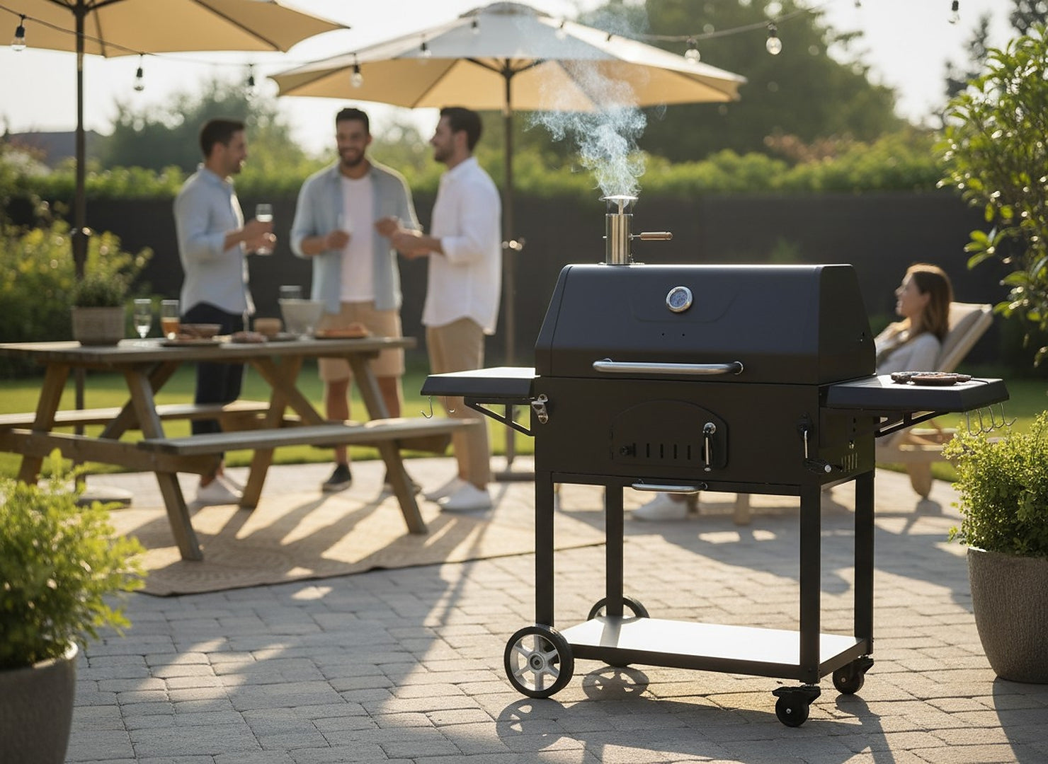 Gratar carbuni cu capac si termometru, grill fonta, rafturi laterale, roti pentru deplasare, 153x65x137 cm, negru