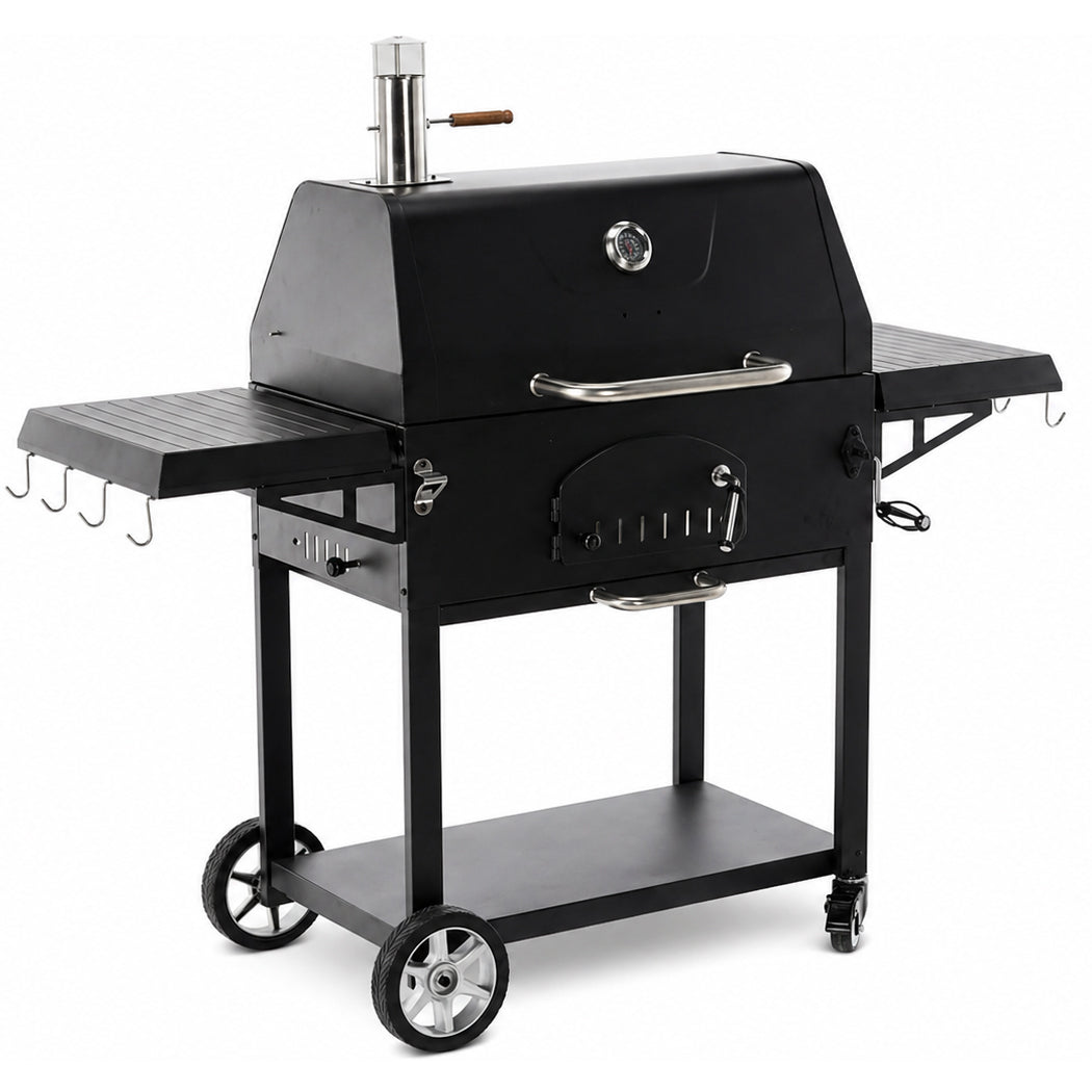 Gratar carbuni cu capac si termometru, grill fonta, rafturi laterale, roti pentru deplasare, 153x65x137 cm, negru
