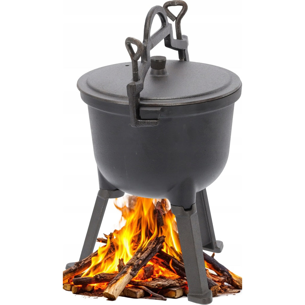 Ceaun vanatoresc din fonta, cu capac si picioare pentru gatit in aer liber, 5L, 25x42 cm, negru