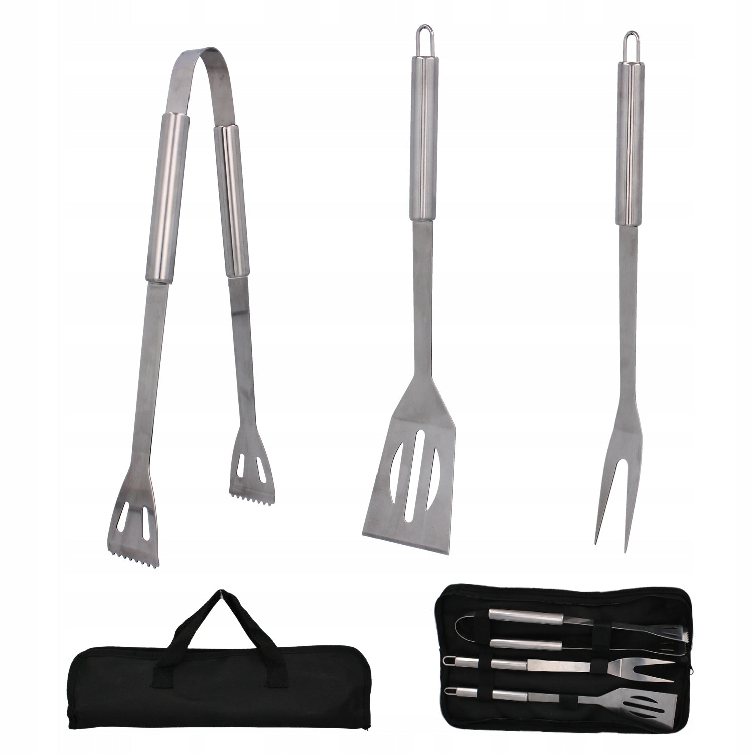 Set 3 ustensile pentru gratar din otel inoxidabil, spatula, furculita si cleste, cu husa