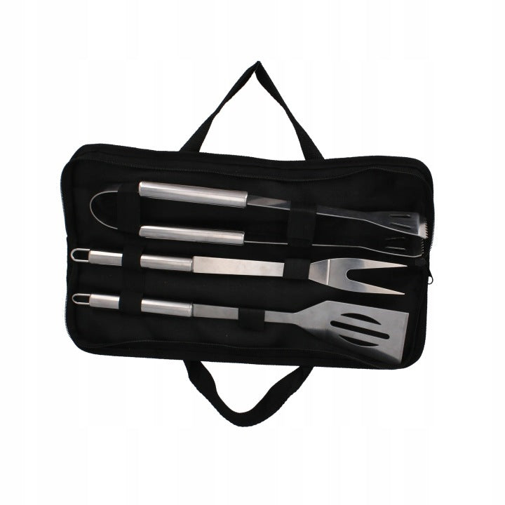 Set 3 ustensile pentru gratar din otel inoxidabil, spatula, furculita si cleste, cu husa