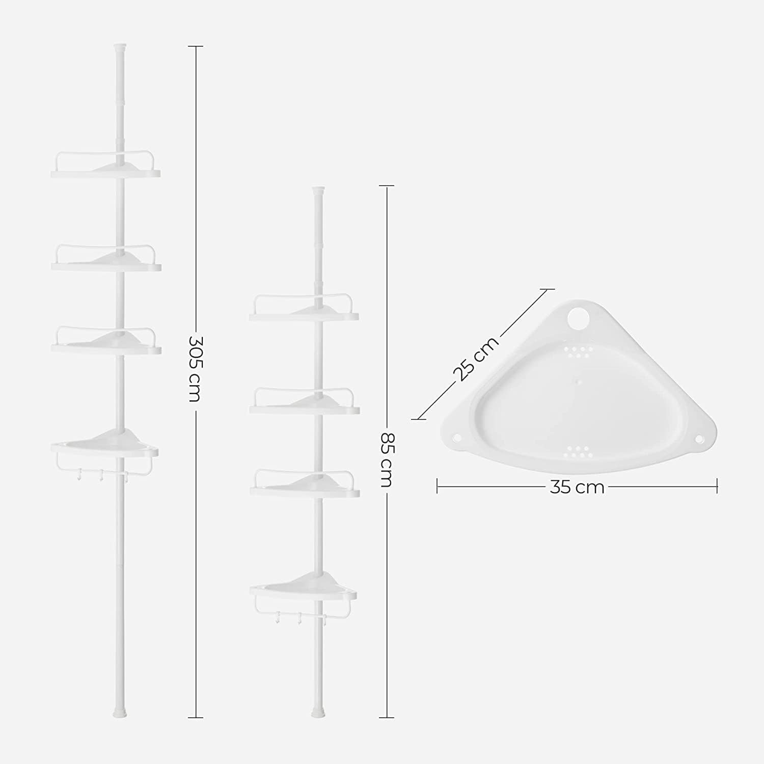 SONGMICS Etajera colt dus, 4 rafturi, inaltime reglabila 85-305 cm, otel si plastic PP, alb