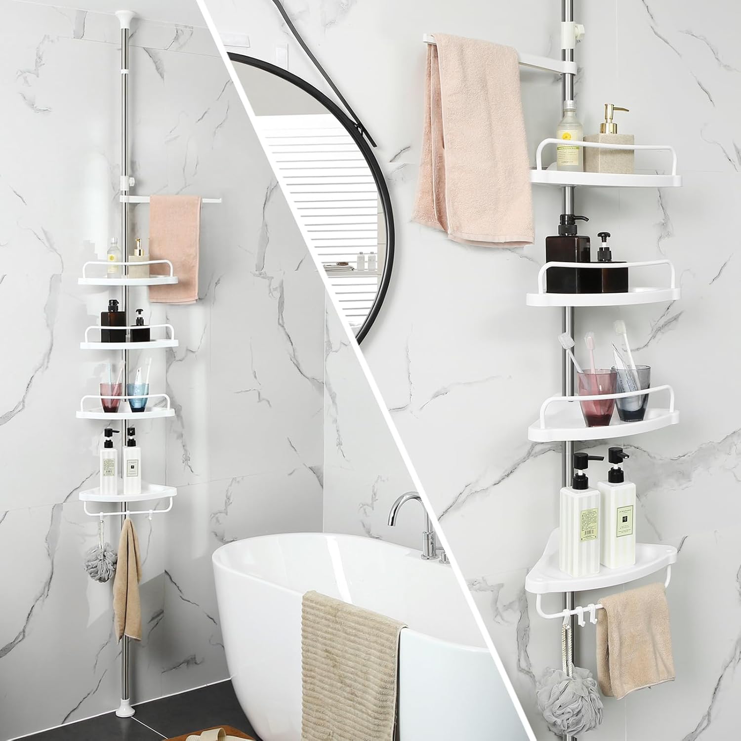 SONGMICS Etajera colt dus, 4 rafturi, inaltime reglabila 95-300 cm, otel si plastic PP, alb