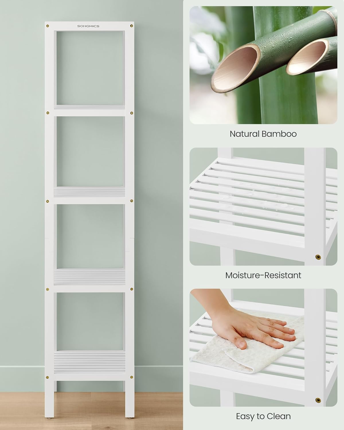 SONGMICS Etajera bambus 5 niveluri, raft multifunctional pentru baie sau bucatarie, 33x33x146 cm, alb