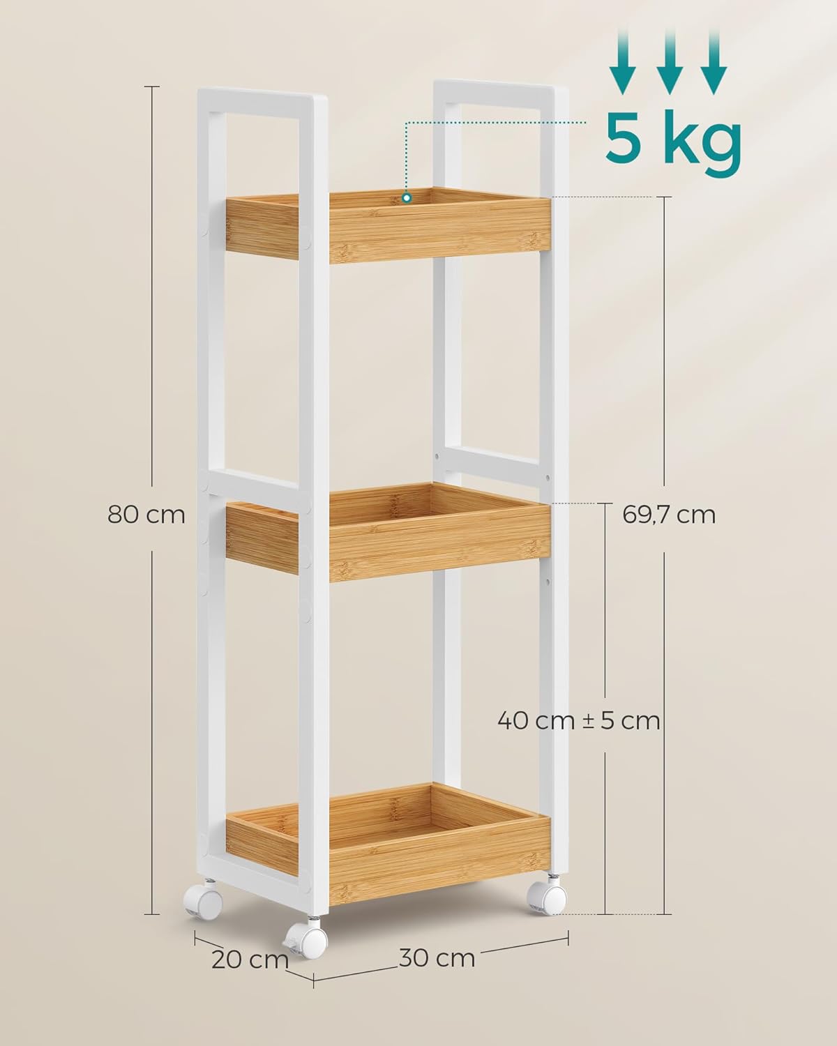 SONGMICS Carucior de baie, raft ingust cu roti, bambus si MDF, 20x30x80 cm, alb si maro natur