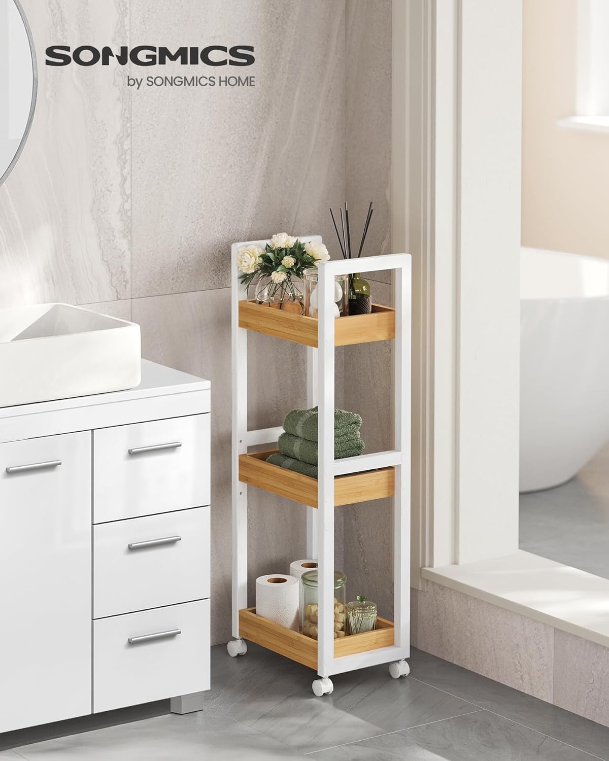 SONGMICS Carucior de baie, raft ingust cu roti, bambus si MDF, 20x30x80 cm, alb si maro natur
