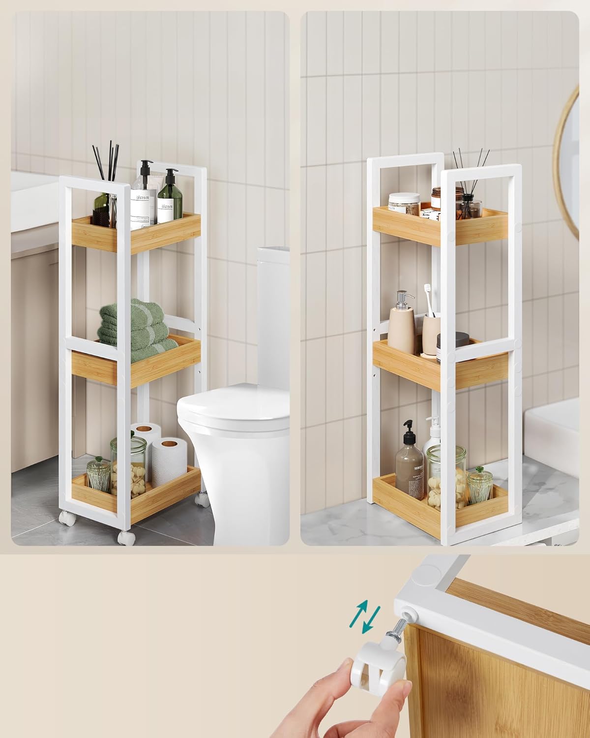 SONGMICS Carucior de baie, raft ingust cu roti, bambus si MDF, 20x30x80 cm, alb si maro natur