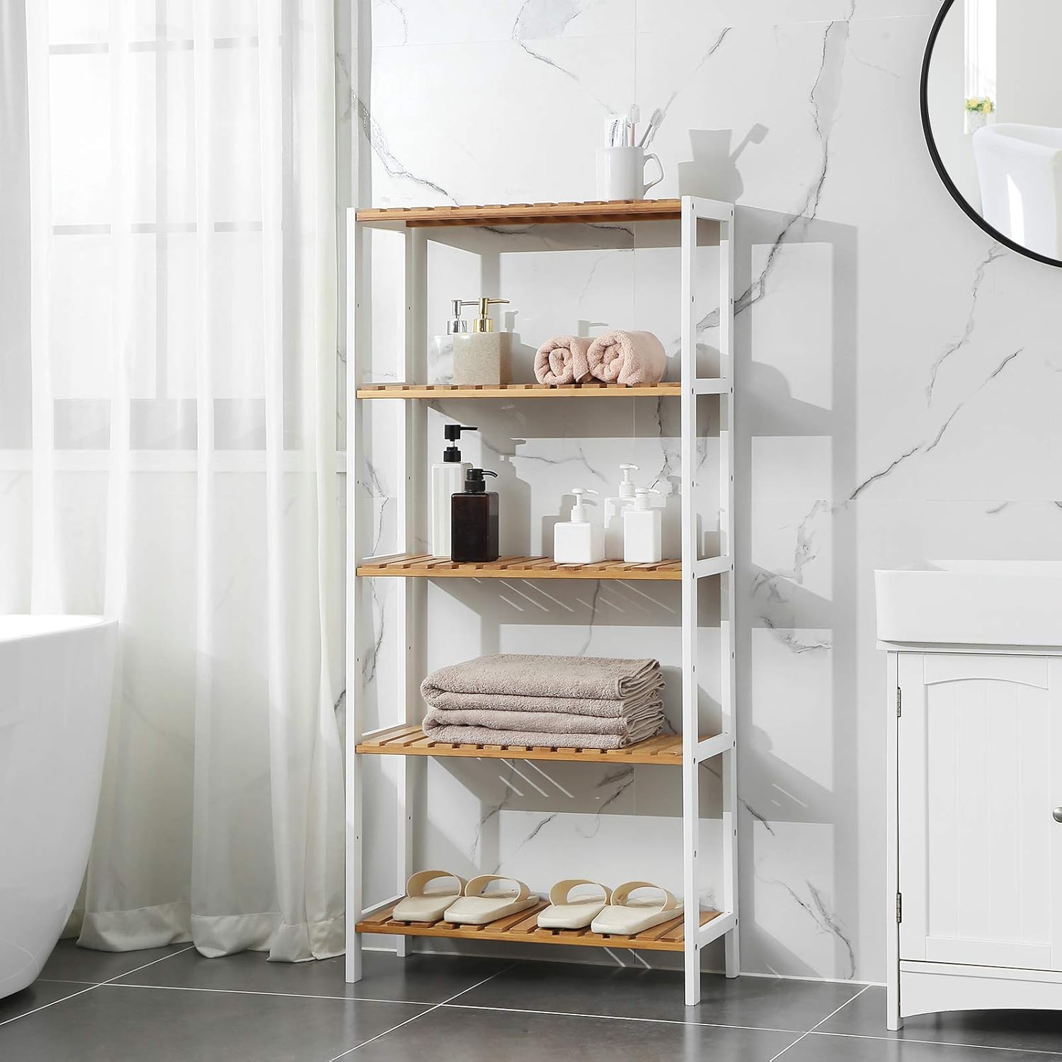 SONGMICS Raft de depozitare din bambus, 5 polite, pentru bucatarie sau baie, 130x60x26cm, alb si maro natur