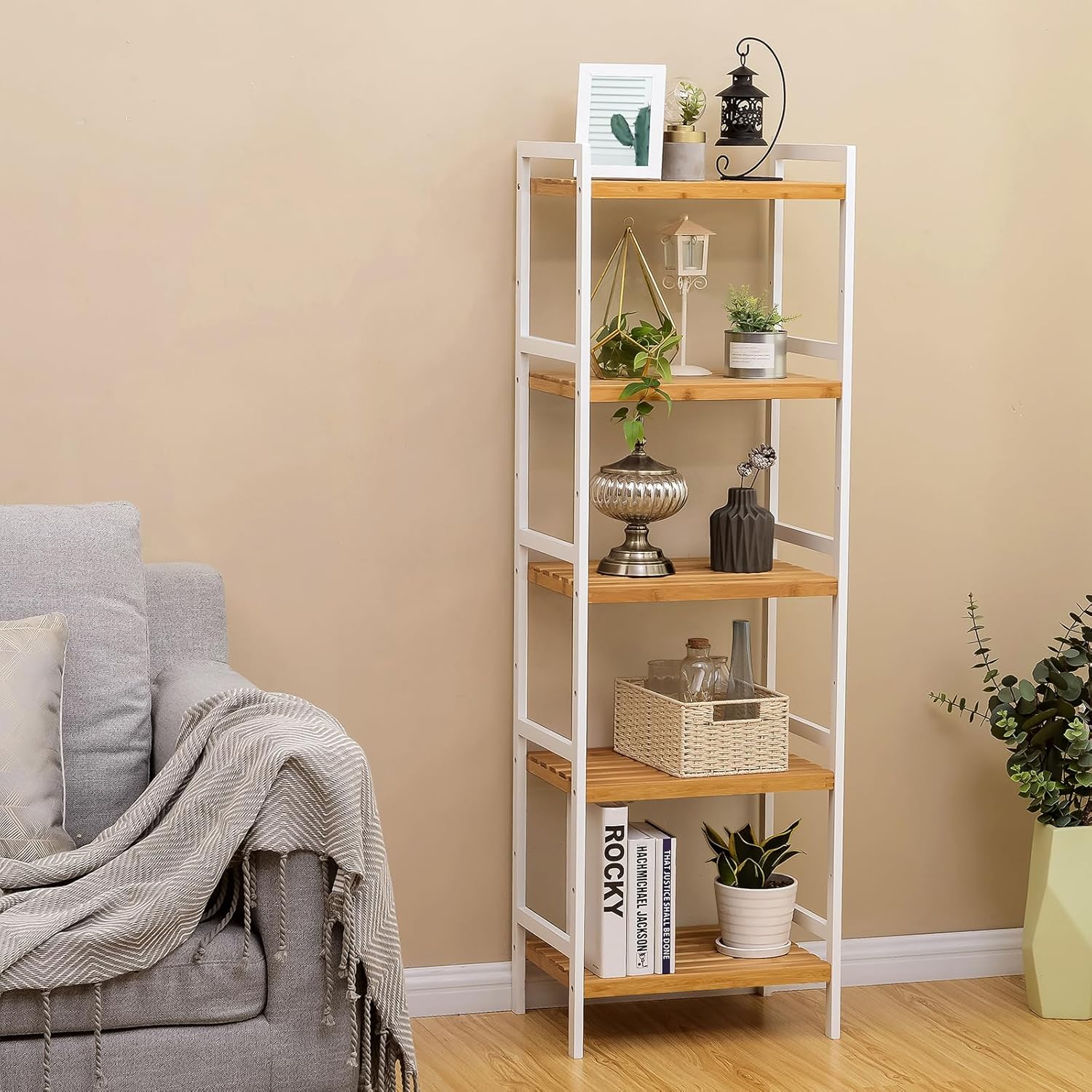 SONGMICS Etajera bambus 5 rafturi, pentru baie, bucatarie sau living, 45x32x142 cm, alb natur