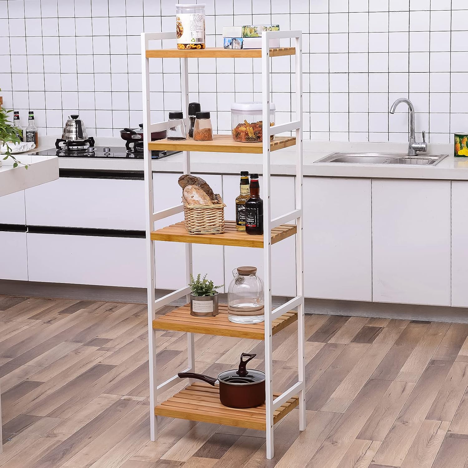 SONGMICS Etajera bambus 5 rafturi, pentru baie, bucatarie sau living, 45x32x142 cm, alb natur