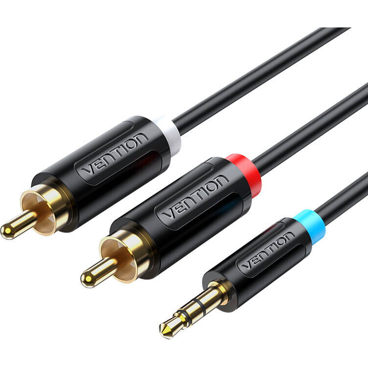 Cablu audio Vention, Jack 3.5mm (T) la 2 x RCA (T), 3m, conectori auriti, PVC, negru, "BCLBI" - 6922794751330
