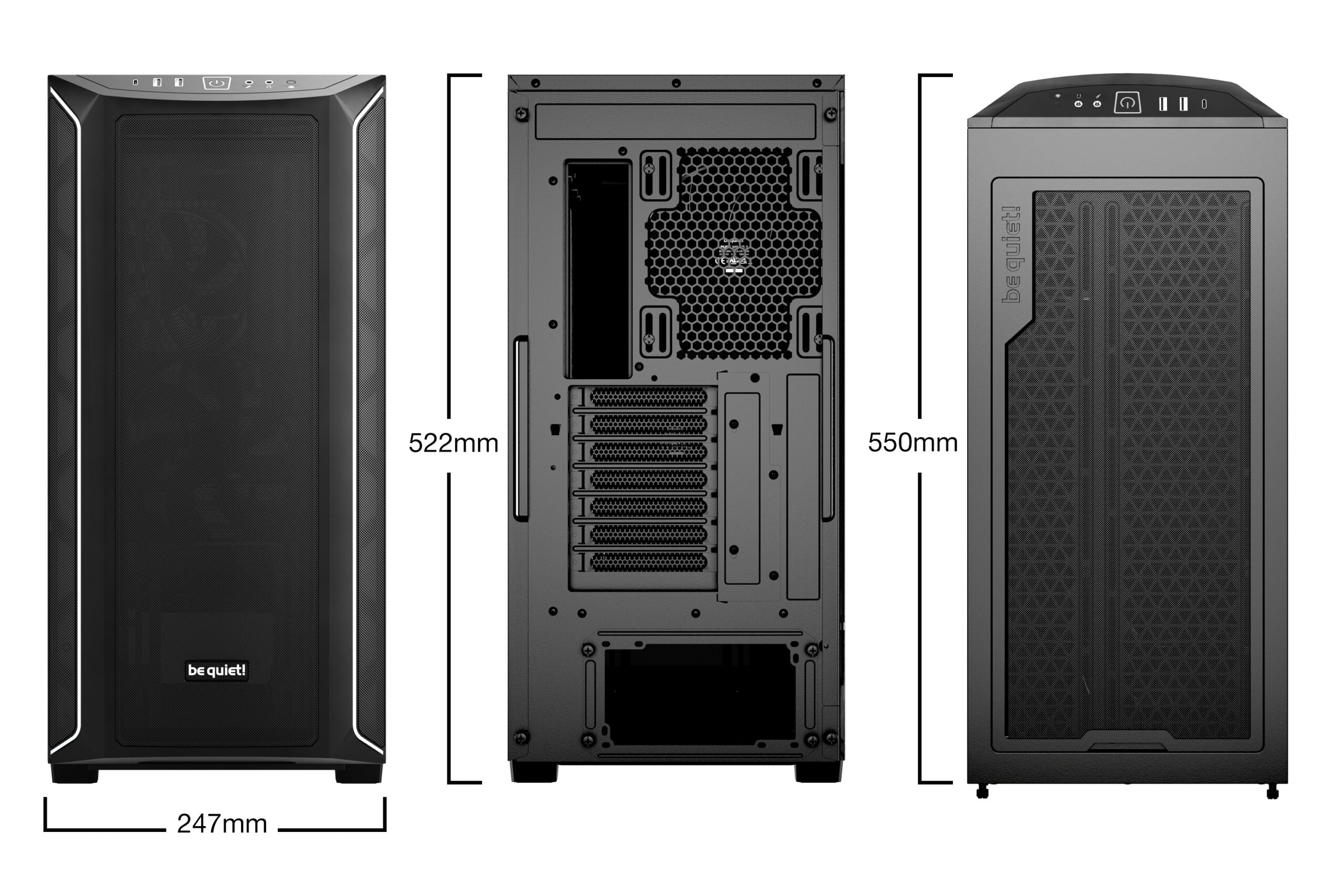 CARCASA be quiet! "SHADOW BASE 800DX", Middle Tower, ATX, fara sursa, 3xfan, USB 3.2 gen 1 x 2, USB Type-C x 1, audio+mic, PSU shroud, 7 sloturi expansiune, ARGB, negru, "BGW61"
