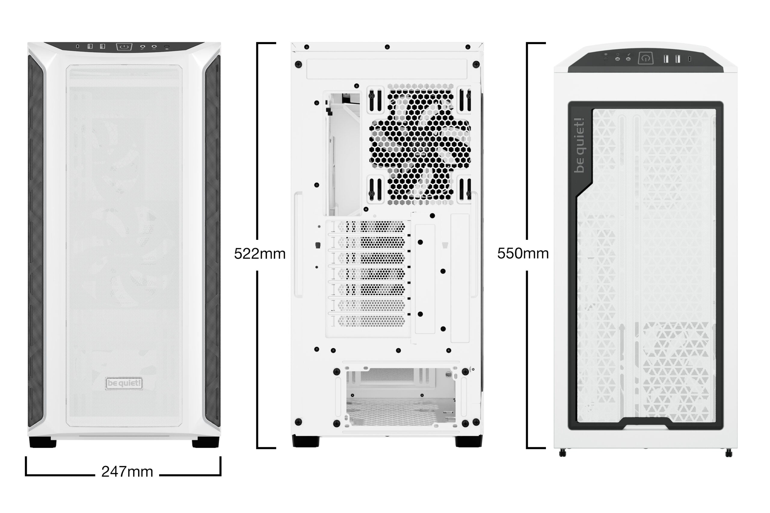 CARCASA be quiet! "SHADOW BASE 800DX", Middle Tower, ATX, fara sursa, 3xfan, USB 3.2 gen 1 x 2, USB Type-C x 1, audio+mic, PSU shroud, 7 sloturi expansiune, ARGB, alb, "BGW62"