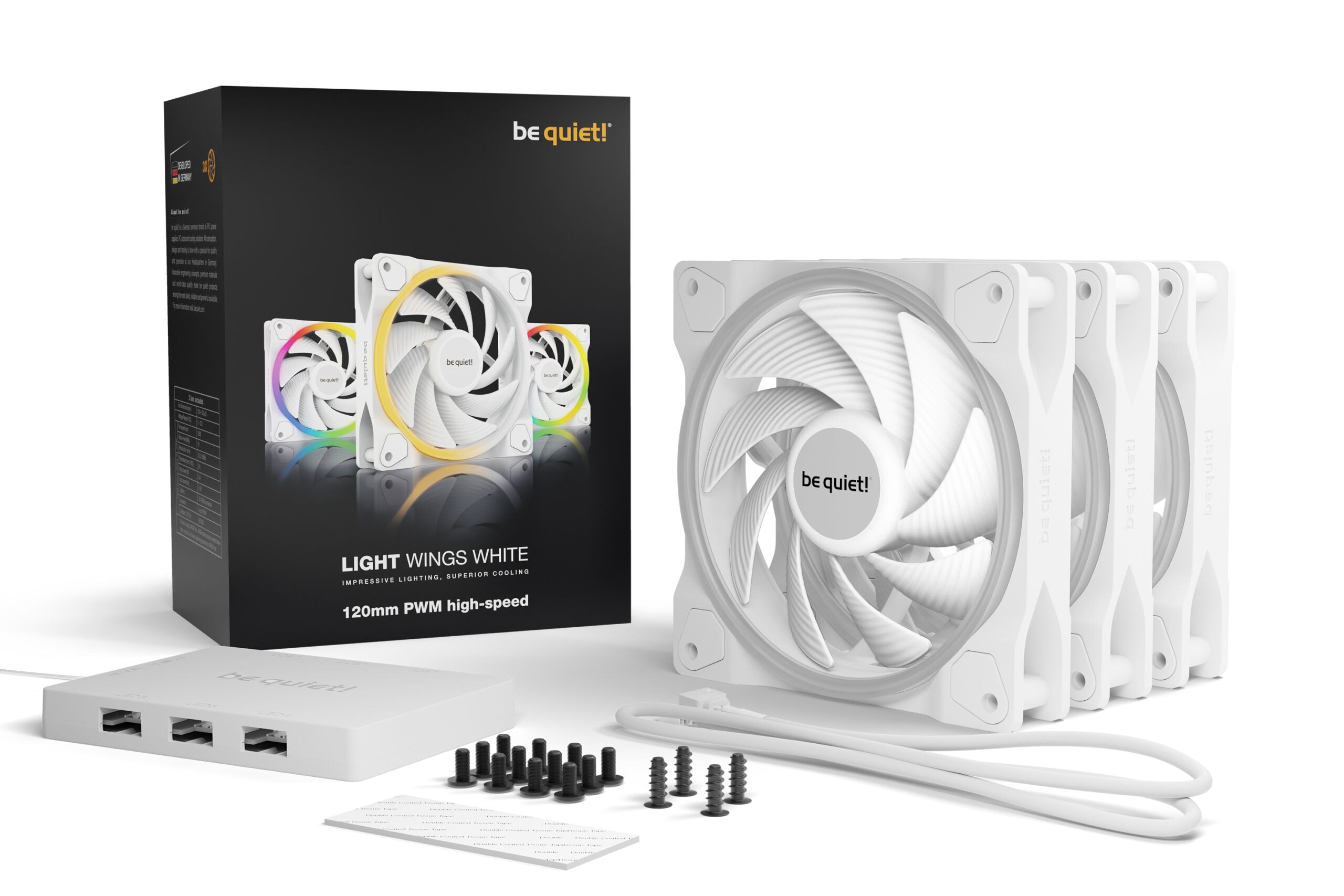 Set 3 ventilatoare be quiet! "LIGHT WINGS White"120mm 2500 rpm, Rifle bearing, 4-pin PWM, ARGB LED, "BL101"