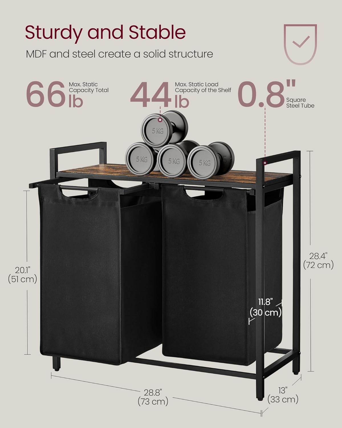 VASAGLE Cos de rufe, 2 compartimente, saci de rufe detasabili, raft, cadru metalic, 2x46L, 73x33x72 cm, maro rustic si negru