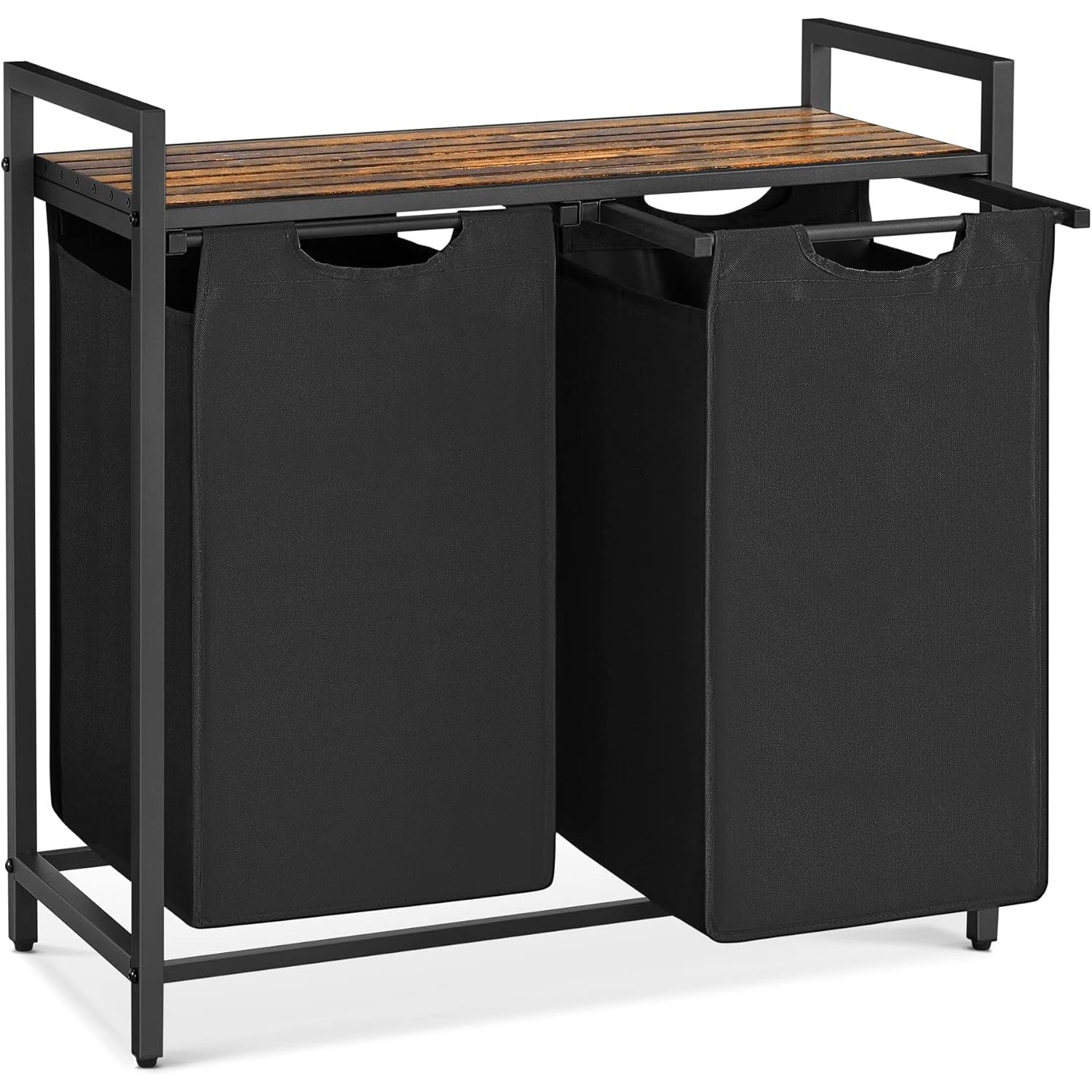 VASAGLE Cos de rufe, 2 compartimente, saci de rufe detasabili, raft, cadru metalic, 2x46L, 73x33x72 cm, maro rustic si negru