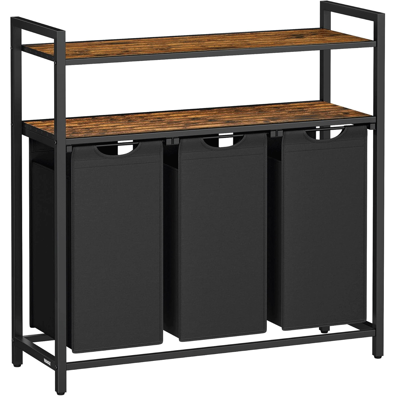 VASAGLE Cos de rufe cu 3 saci detasabili, 3x40 litri, 2 rafturi, structura metalica, stil industrial, 92x33x92 cm, maro rustic