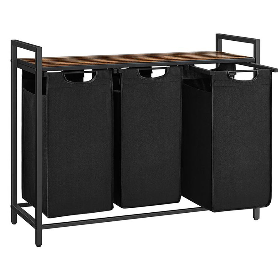 VASAGLE Cos de rufe, 3 compartimente, saci de rufe detasabili, raft, cadru metalic, 3x38L, 93x33x72 cm, maro vintage si negru