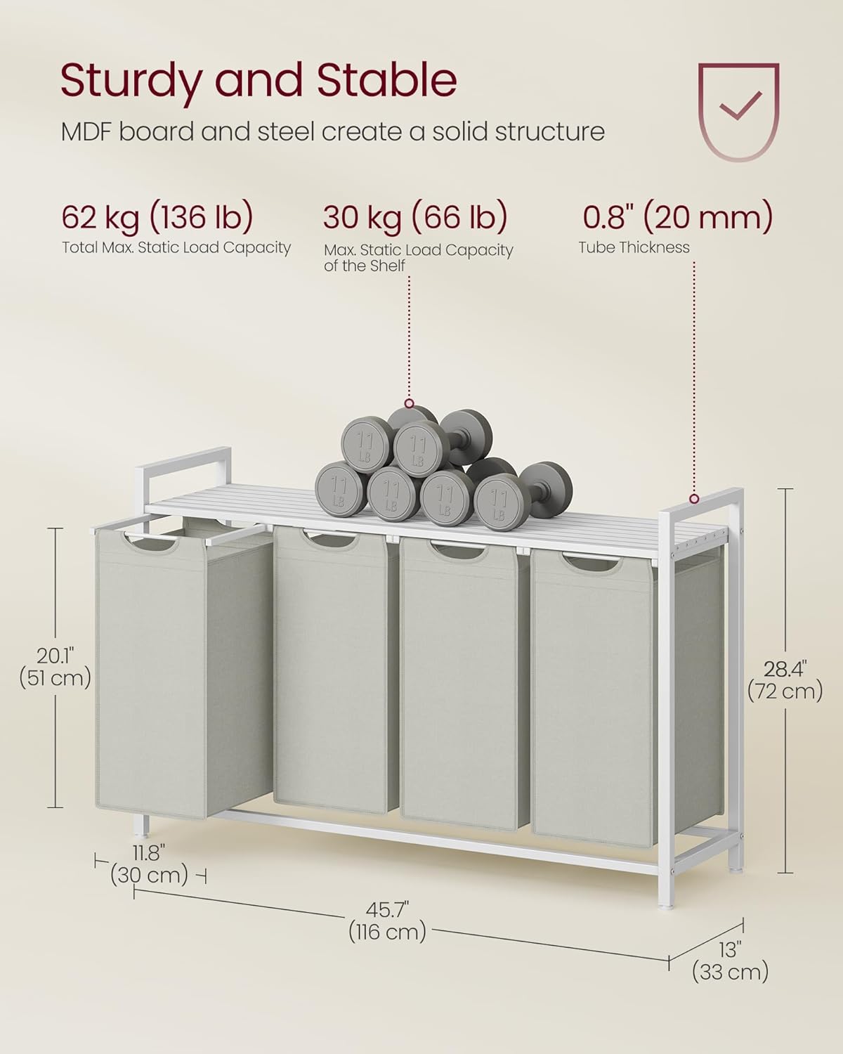 VASAGLE Cos rufe 4x40L, saci detasabili, raft superior si cadru metalic, 116x33x72 cm, alb si crem