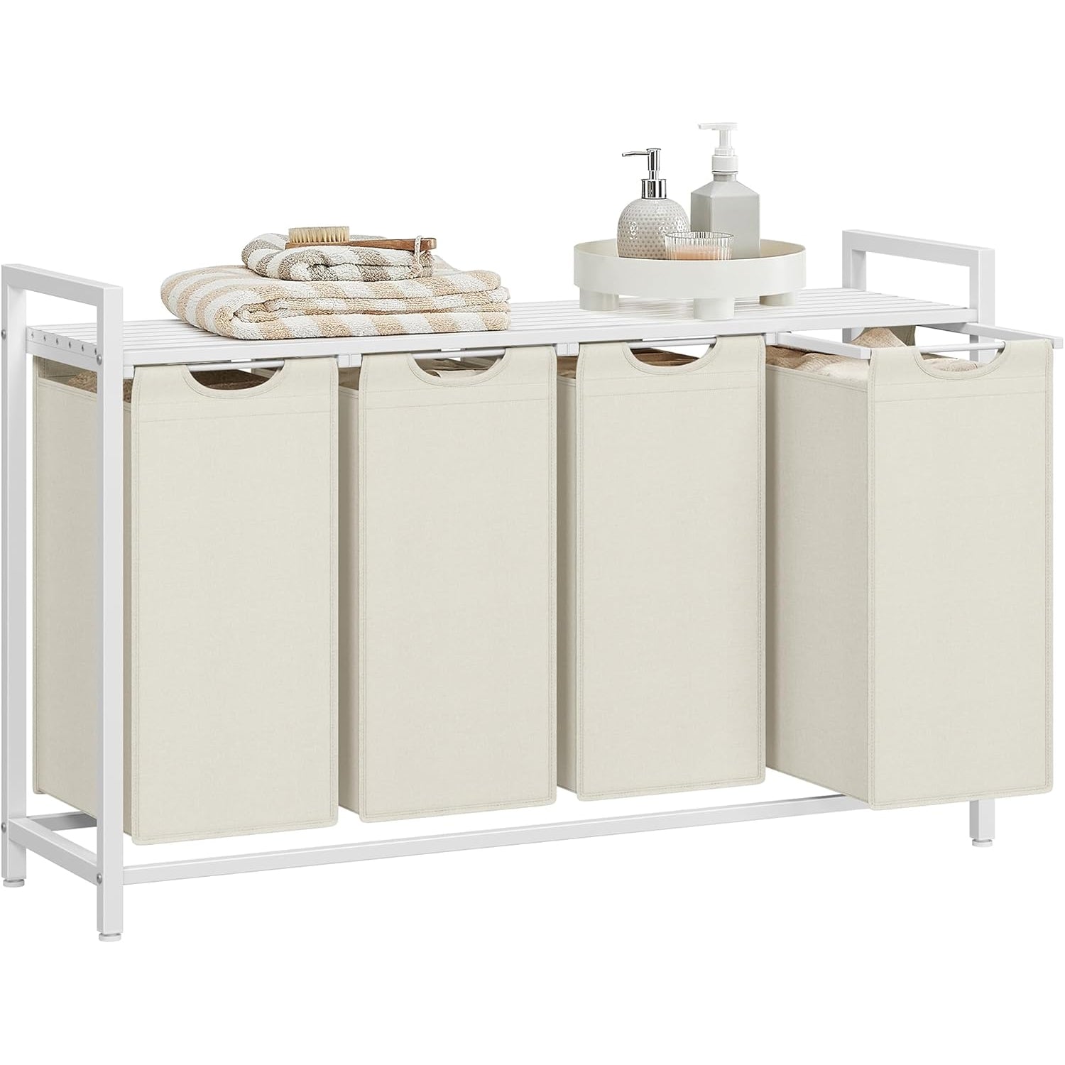 VASAGLE Cos rufe 4x40L, saci detasabili, raft superior si cadru metalic, 116x33x72 cm, alb si crem
