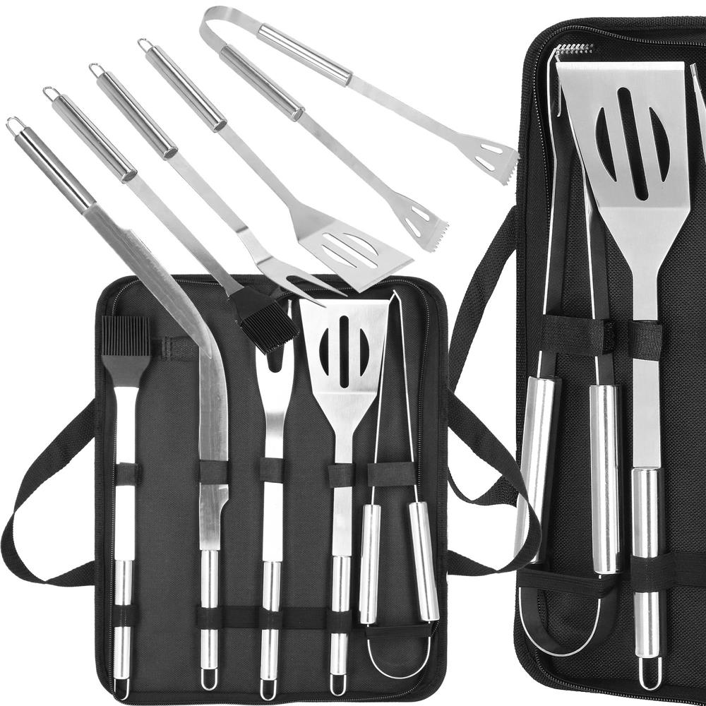 Set ustensile gratar 5 piese, inox, cu husa transport, 37x14x5 cm, argintiu