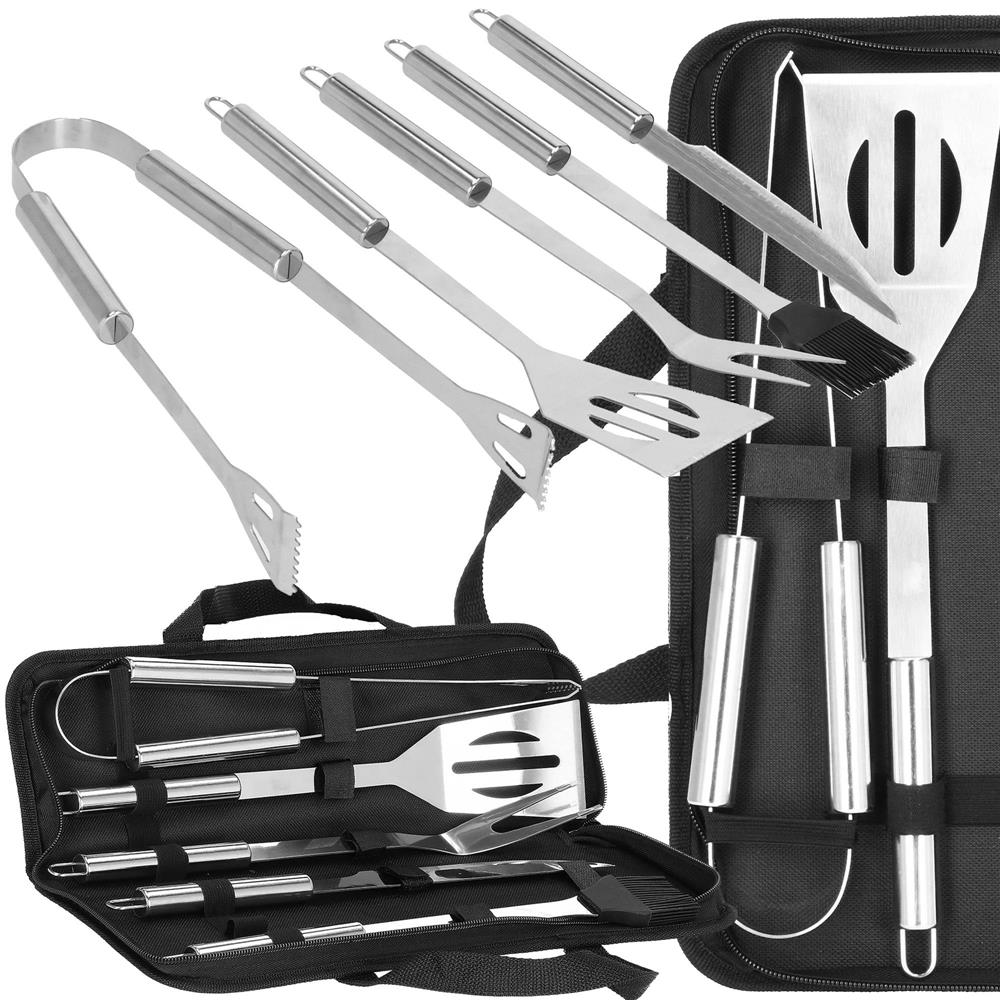 Set ustensile gratar 5 piese, inox, cu husa transport, 37x14x5 cm, argintiu
