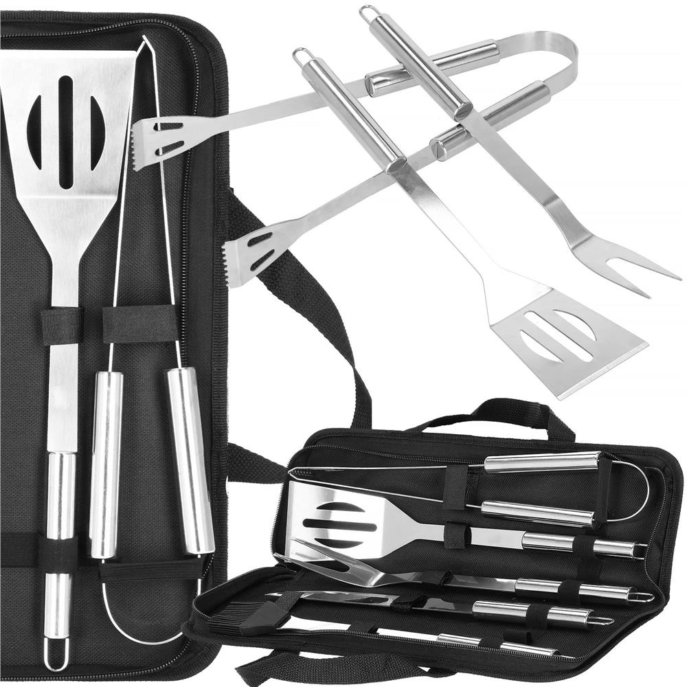 Set ustensile gratar 5 piese, inox, cu husa transport, 37x14x5 cm, argintiu