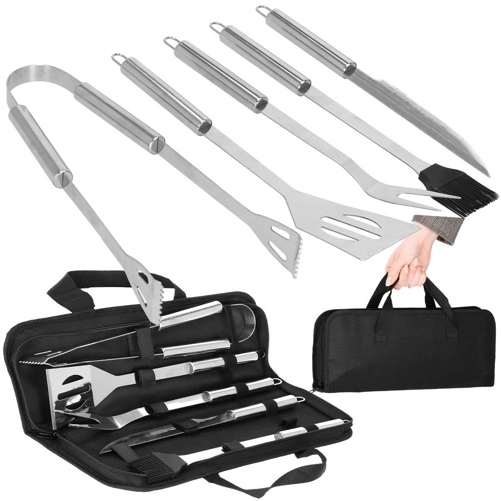 Set ustensile gratar 5 piese, inox, cu husa transport, 37x14x5 cm, argintiu