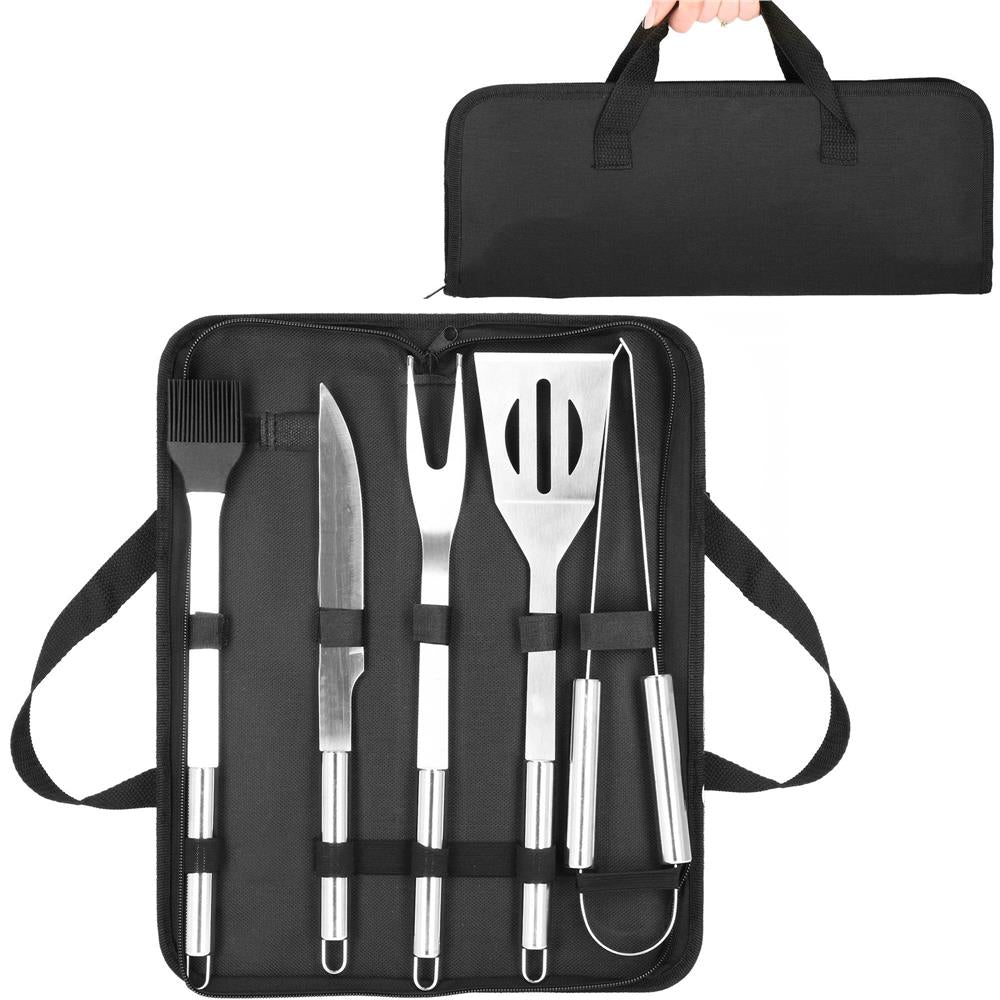Set ustensile gratar 5 piese, inox, cu husa transport, 37x14x5 cm, argintiu