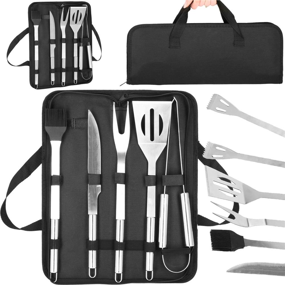 Set ustensile gratar 5 piese, inox, cu husa transport, 37x14x5 cm, argintiu