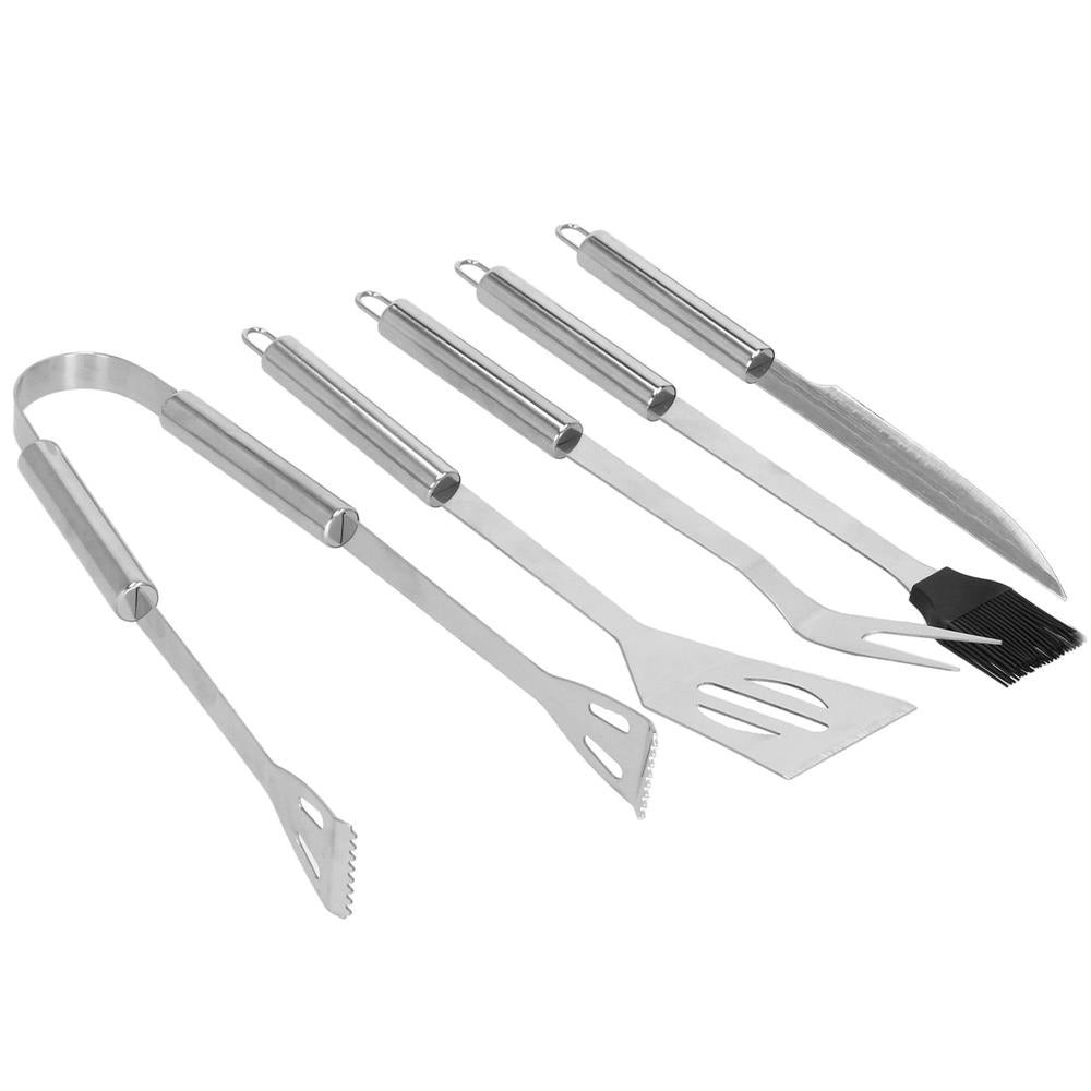 Set ustensile gratar 5 piese, inox, cu husa transport, 37x14x5 cm, argintiu