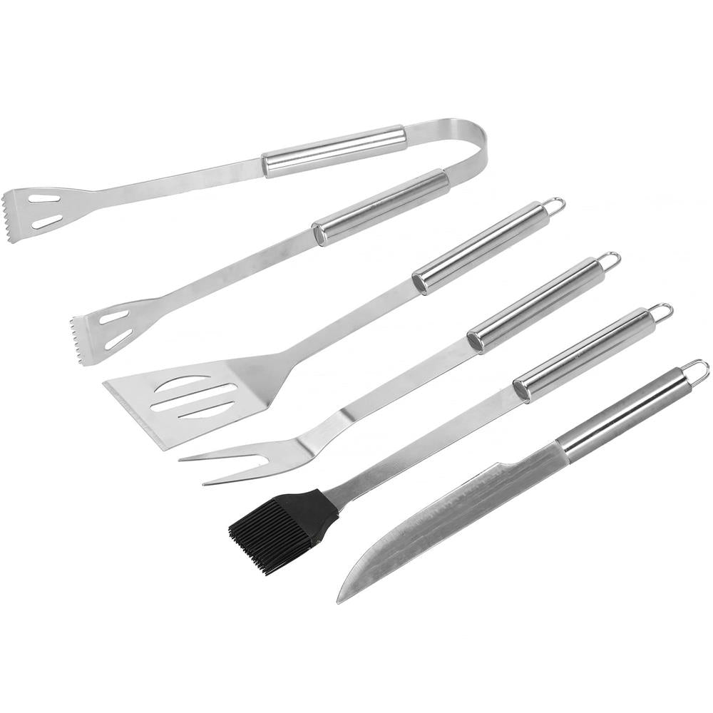 Set ustensile gratar 5 piese, inox, cu husa transport, 37x14x5 cm, argintiu