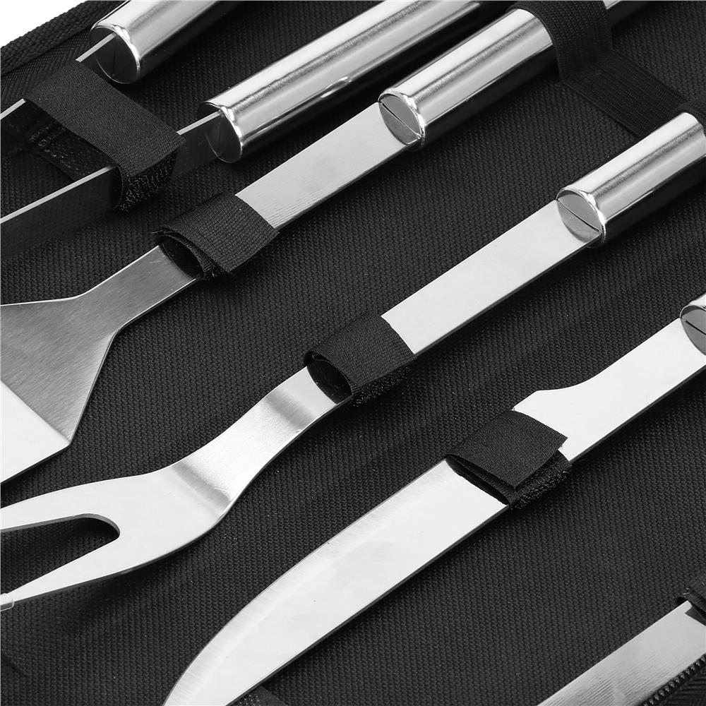 Set ustensile gratar 5 piese, inox, cu husa transport, 37x14x5 cm, argintiu