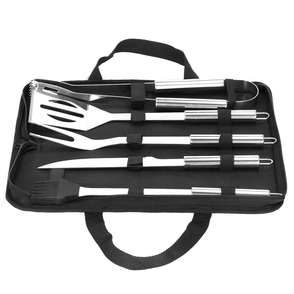 Set ustensile gratar 5 piese, inox, cu husa transport, 37x14x5 cm, argintiu